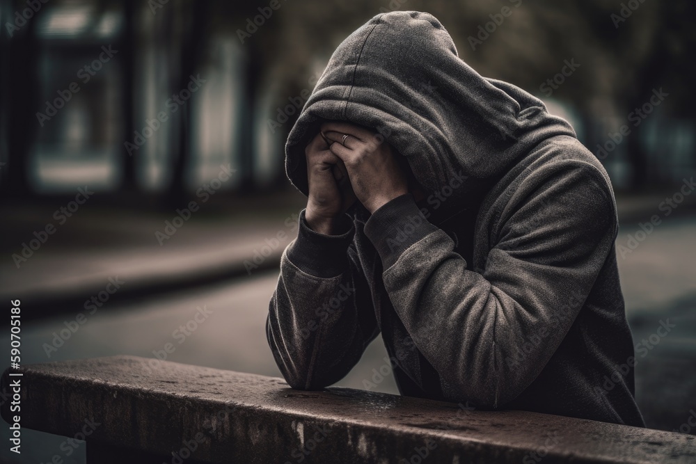 Image Of Man Sitting On Bench With His Head Down And Hands Covering His Face, Appearing To Be Ashamed Or Embarrassed. Generative AI Image Of Man Sitting On Bench With His Head Down And Hands Covering His Face, Appearing To Be Ashamed Or Embarrassed. Generative AI