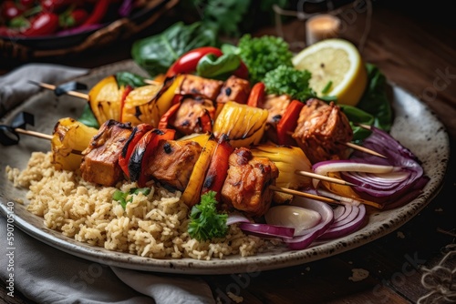 Vegan Kebab Featuring Marinated Jackfruit And Grilled Vegetables, Served With Side Of Quinoa Or Rice. Generative AI photo