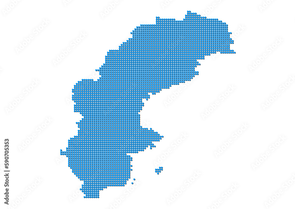 An abstract representation of Sweden, vector Sweden map made using a mosaic of blue dots with shadows. Illlustration suitable for digital editing and large size prints. 