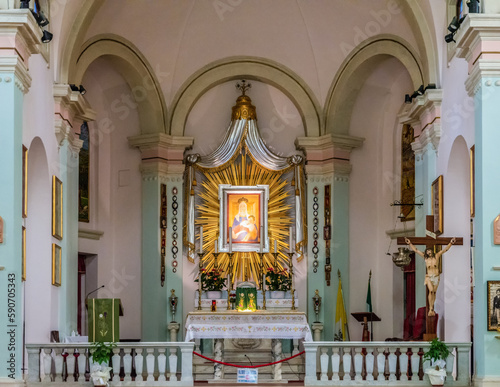 Interior of the Sanctuary of Pancole: high altar with the fresco "Madonna with Child" by Pier Francesco Fiorentino (15th century) - San Gimignano, Pisa province, Tuscany region, Italy - June 2, 2021