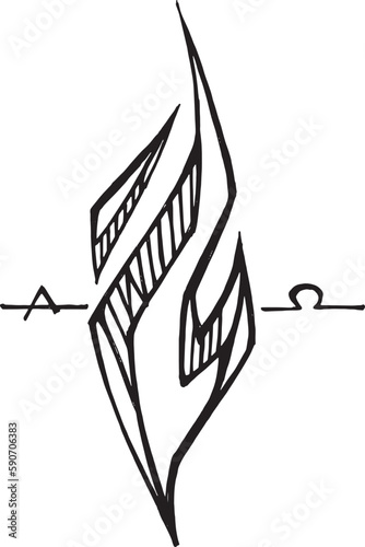 Hand drawn illustration of alpha and omega flame.