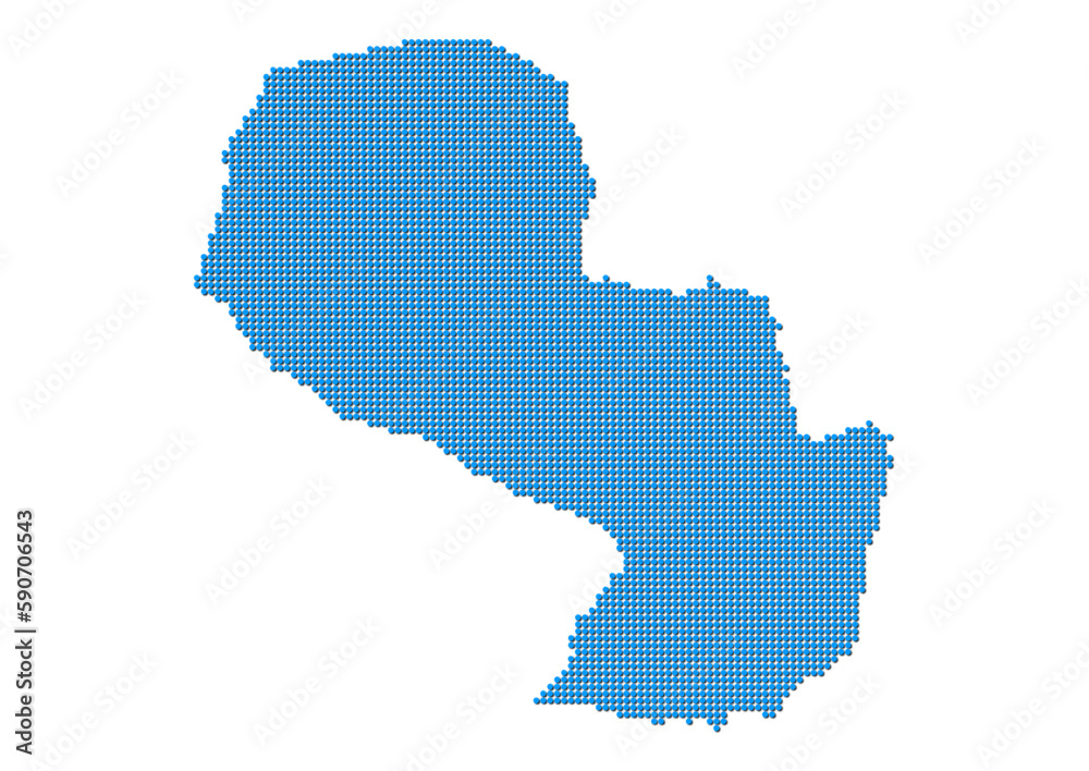 An abstract representation of Paraguay, vector Paraguay map made using a mosaic of blue dots with shadows. Illlustration suitable for digital editing and large size prints. 