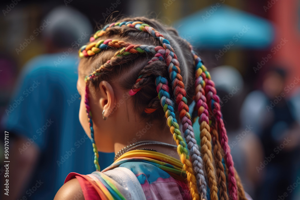 Young Girl With Colorful Braids In Her Hair Back View. Generative AI