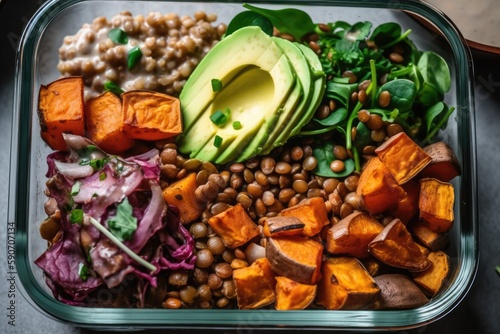 Vegan Lunch Box With Roasted Sweet Potatoes, Lentils, And Tahini Dressing. Generative AI photo