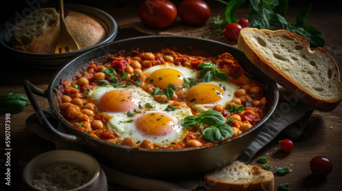 Mediterranean Delight: Shakshuka - A Perfect Blend of Spices and Eggs. Food photography. Generative AI