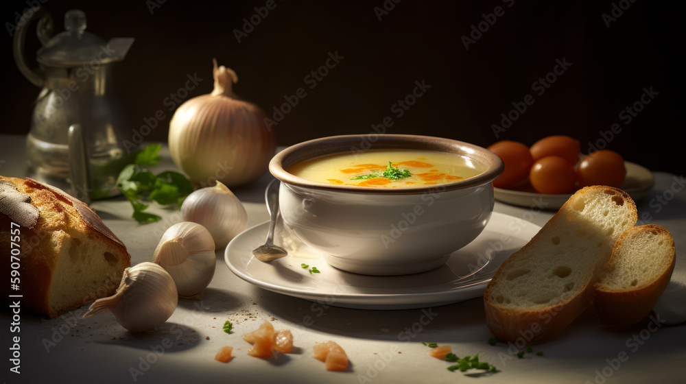 Aromatic and Flavorful French Garlic Soup Served with Croutons and Parsley Garnish, food photography. Generative AI Aromatic and Flavorful French Garlic Soup Served with Croutons and Parsley Garnish, food photography. Generative AI