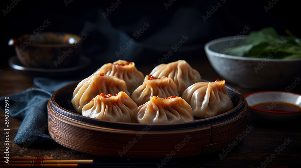 A Taste of Asia: Steaming Hot Jiaozi Dumplings on a Light Background - food photography. Generative AI