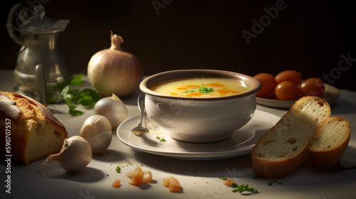 Aromatic and Flavorful French Garlic Soup Served with Croutons and Parsley Garnish, food photography. Generative AI