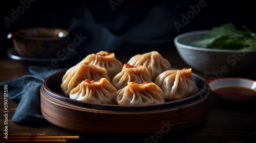 A Taste of Asia: Steaming Hot Jiaozi Dumplings on a Light Background - food photography. Generative AI