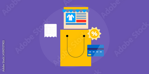 Ecommerce webstore online, shopping bag with bill and credit card payment conceptual vector illustration for presentation.
