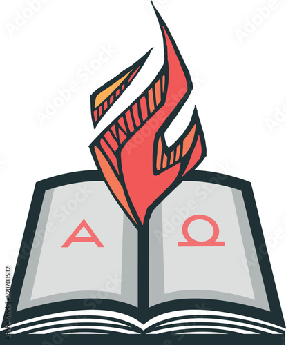 Hand drawn illustration of the Bible and flame