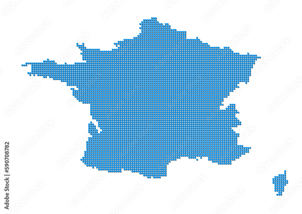 An abstract representation of France, vector France map made using a mosaic of blue dots with shadows. Illlustration suitable for digital editing and large size prints. 