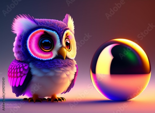 A realistic cute adorable baby owl made of crystal ball with low poly eye's surrounded by glowing aura concept art with vivid beautiful colors generative ai