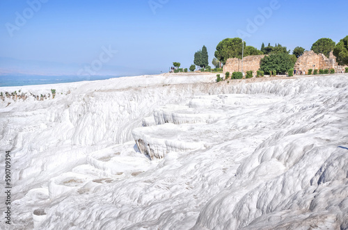 Landscape of the ancient city of Hierapolis and and the travertines of the White Mountain, Pamukkale, Türkiye