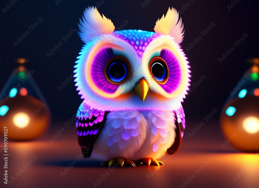 Naklejka premium A realistic cute adorable baby owl made of crystal ball with low poly eye's surrounded by glowing aura concept art with vivid beautiful colors generative ai