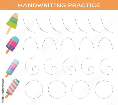 Hand writing practice worksheet with ice cream educational game for kids
