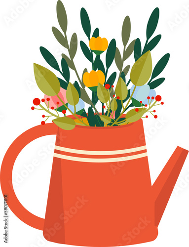 Watering can with spring flowers inside