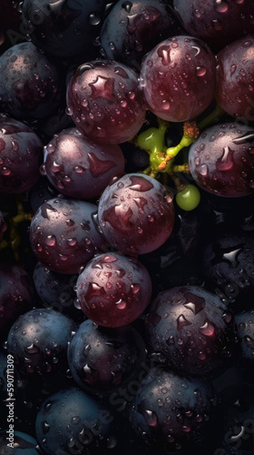 Grapes, adorned with glistening droplets of water. Generative AI