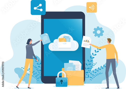 Business technology mobile cloud computing service and technology file upload backup on cloud server storage concept with team administrator and developer working