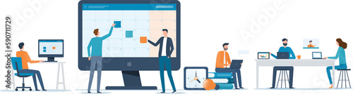 group business team meeting and working collaboration in office workplace concept. flat vector illustration	