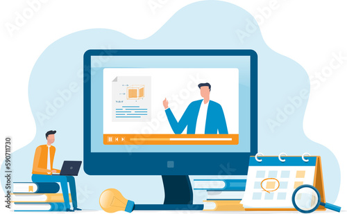 vector illustration design online education and E-learning at home by webinar training and design for Webinar, online video training, tutorial podcast and business coaching 