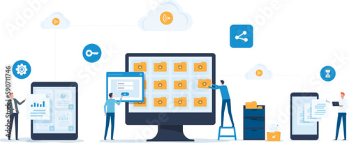 business technology document management system storage backup concept and cloud server service with administrator and developer team working concept