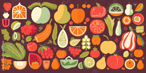 Fruits and Vegetables - A flat style illustration featuring a variety of fruits and vegetables arranged in an eye-catching way  with each item drawn in a simplified and geometric style. Generative AI.