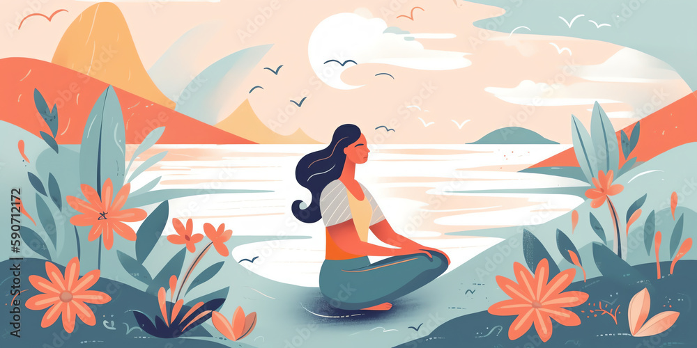 Meditation - A flat style illustration of a person meditating in a serene and calming environment, with simple shapes and soothing colors to convey a sense of relaxation and mindfulness.
