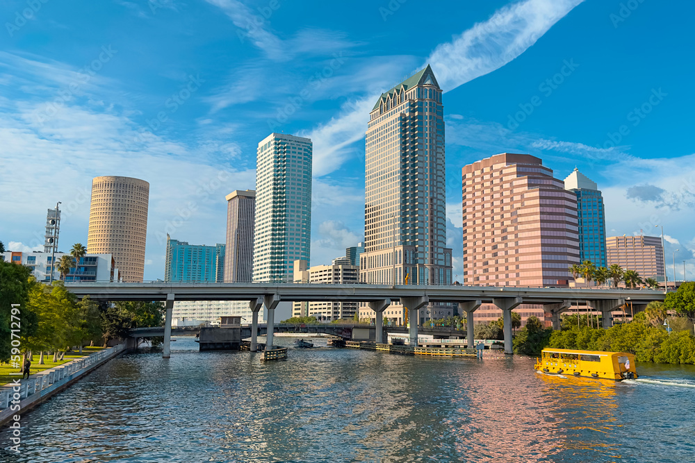 Tampa, Florida. Panorama of Downtown Tampa FL. Hillsborough river. Beautiful day cityscape. Glass and reinforced concrete Residential and commercial skyline buildings. United States of America