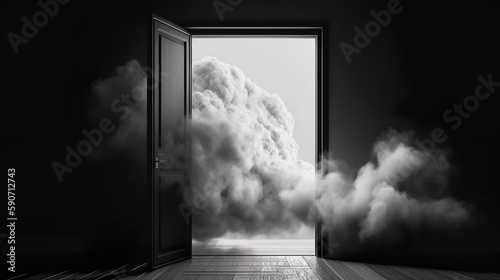 cloud entering an open door, surreal minimal abstract concept black and white photo