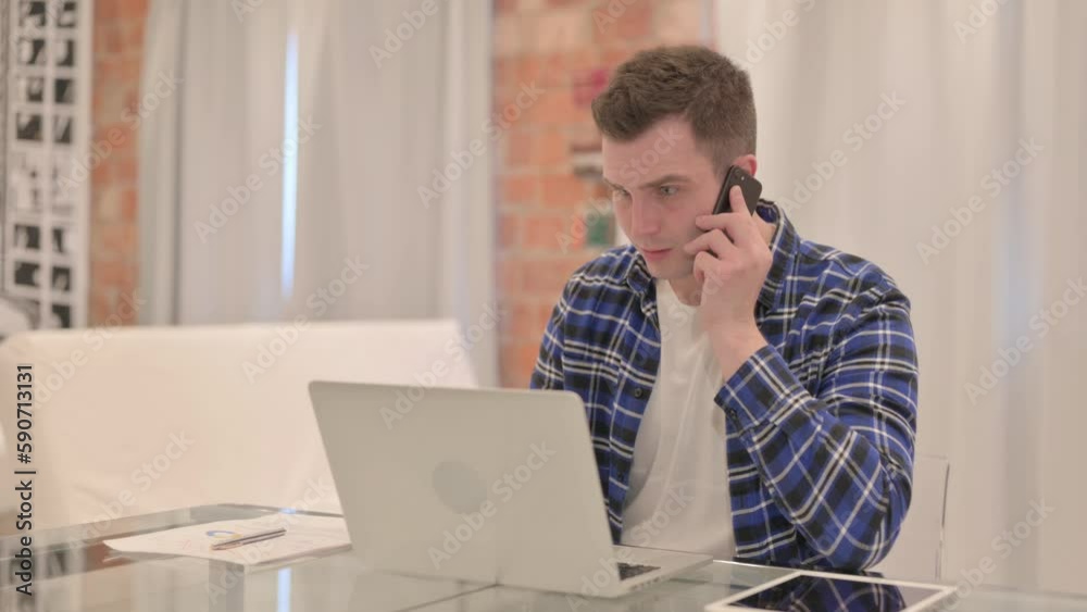 Upset Young Casual Man Arguing on Phone Talk Upset Young Casual Man Arguing on Phone Talk