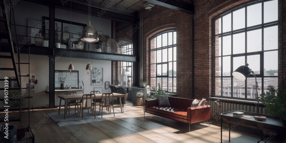 Loft. Studio apartment with an open plan in dark colors. Modern loft apartment with wooden beams, simple modern furniture, brick wall. Loft interior. Generative AI Loft. Studio apartment with an open plan in dark colors. Modern loft apartment with wooden beams, simple modern furniture, brick wall. Loft interior. Generative AI