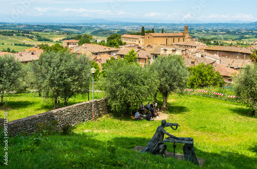 cityscape of San Gimignano medieval town from the Park of the Rocca di Montestaffoli  - San Gimignano, Siena province, Tuscany region in central Italy - Europe