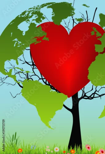 Obraz composition for Earth Day with a tree on which there are continents and a red heart in the middle