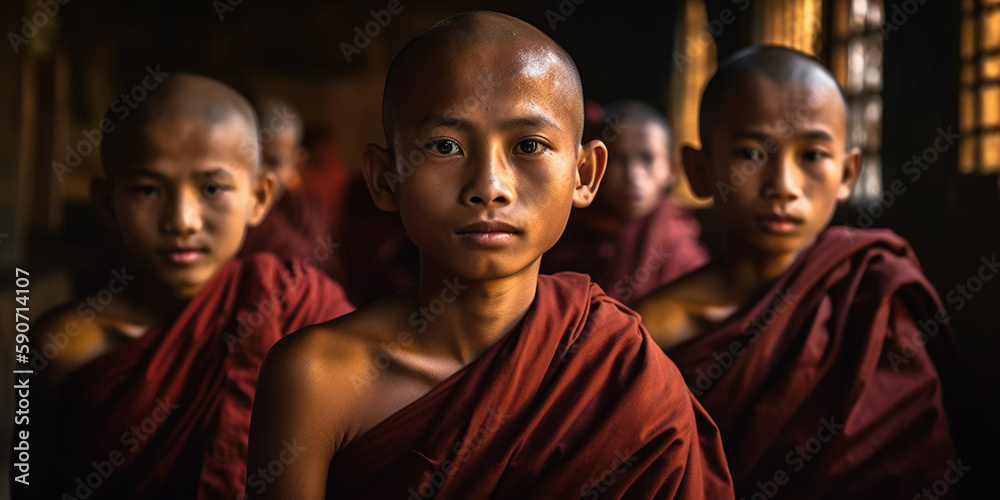 Young buddhist monks in Myanmar - obrazy, fototapety, plakaty 