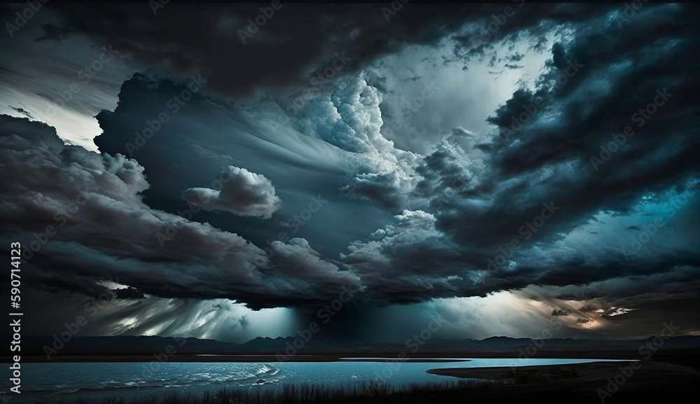  A dramatic skyscape featuring a stormy sky. Use a telephoto lens to capture the clouds in detail, emphasizing their turbulent and dynamic nature. Created by using generative AI.