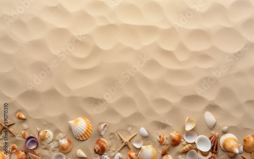 top view of seashells and starfishes on sandy beach. Generative AI © Barosanu