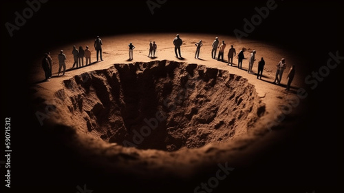 People around a hole in the earth. Conceptual. photo