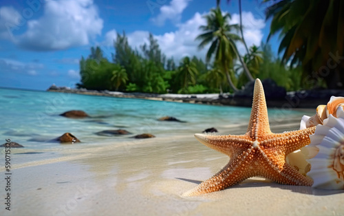 Starfish and seashell on a tropical beach with palm trees. Generative AI
