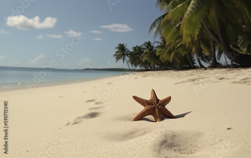 Starfish on a tropical beach with palm trees in the background. Generative AI