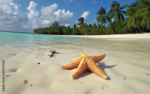 Starfish on a tropical beach with palm trees and turquoise water. Generative AI