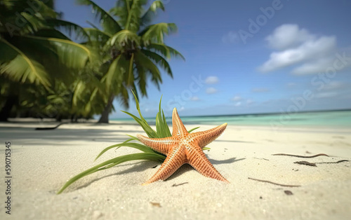 Starfish relaxing on a tropical beach with palm trees in the background. Generative AI