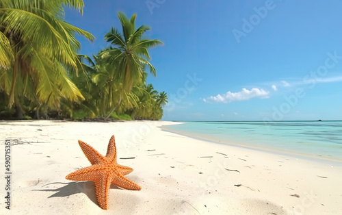 Starfish on a tropical beach with palm trees. Generative AI