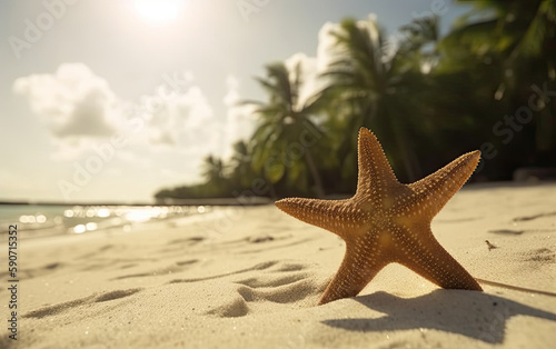 Starfish on a tropical beach with palm trees in the background. Generative AI