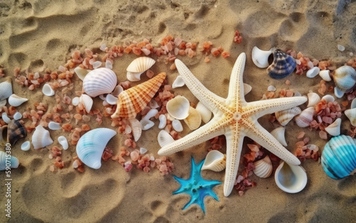 Seashells and starfish on sand background. Top view. Generative AI