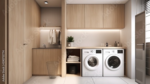 Modern clean laundry room with washing machine and dryer with shelves © Dvid