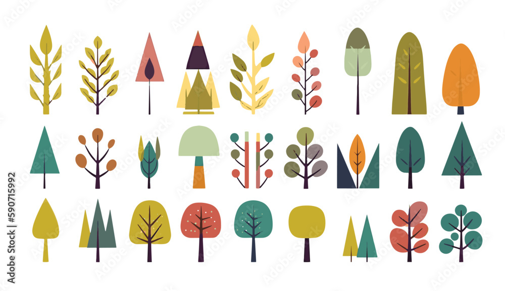 colorful flat abstract trees in the style of animated shapes set of vector with minimalist outlines colorful flat abstract trees in the style of animated shapes set of vector with minimalist outlines