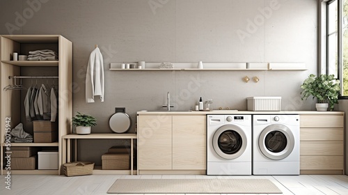 Beautiful modern clean laundry room with washing machine and dryer with shelves photo