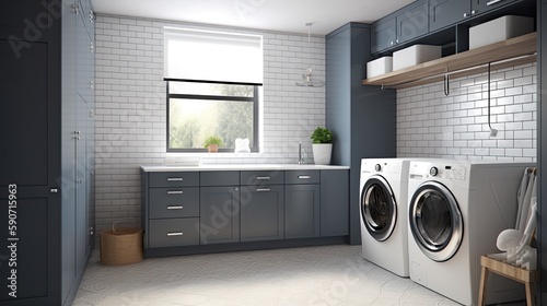 Modern clean laundry room with washing machine and dryer with shelves