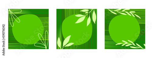 Set of green posters with green backgrounds, leaves, twigs, plants, blades of grass, stripes and elements. Minimalist design of prints, flyers, banners for Earth Day. Eco concepts. Vector illustration